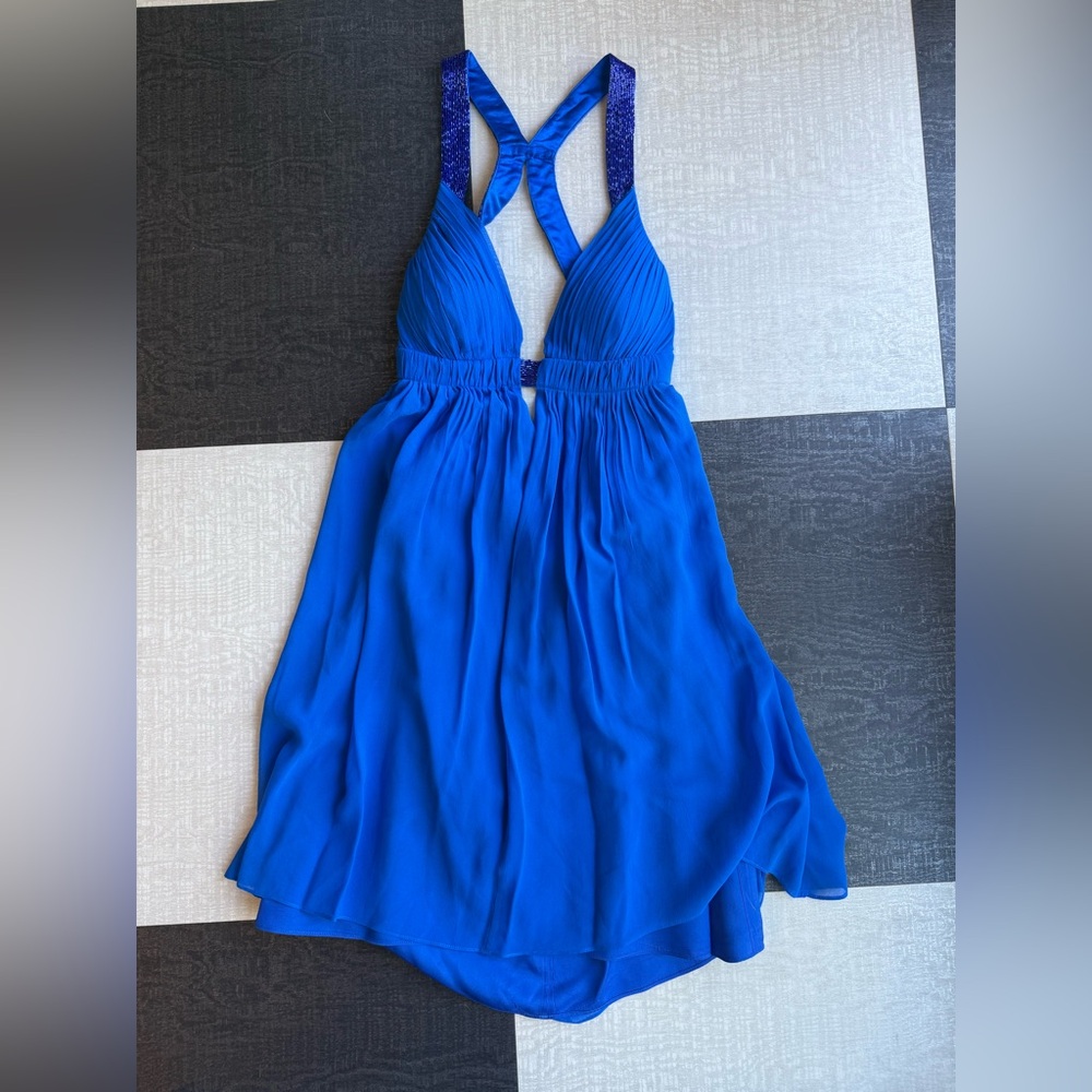 Cache Royal Blue 100% Silk Beaded Halter Dress Sz 4 | Y2K Gossip Girl Glam